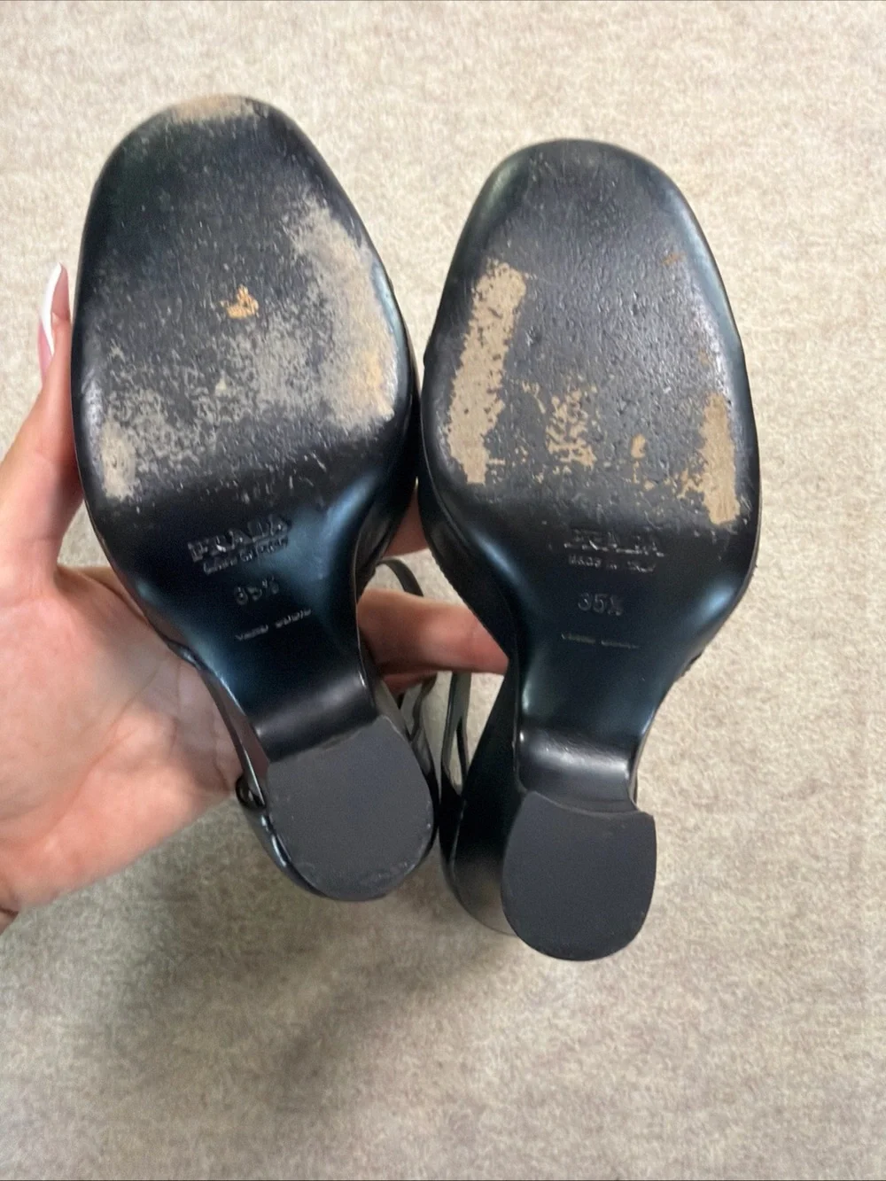 Prada Black Leather T-Strap Block Heel Pumps